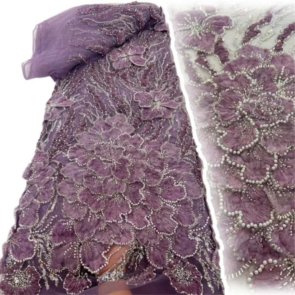 

2026 New Design Fashion Africa Nigeria 3D Hand Embroidery Sequins Beaded Tulle Lace for Women Wedding Party Dresses Sewing 2235