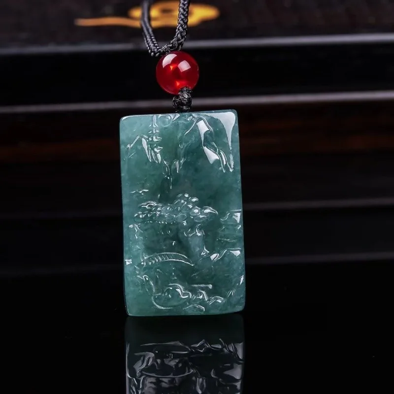 Emerald Blue Water Jade Mountains Card Pendant Necklace Hand-carved Charm Jadeite Jewelry Fashion Lucky Amulet Gifts Men Women