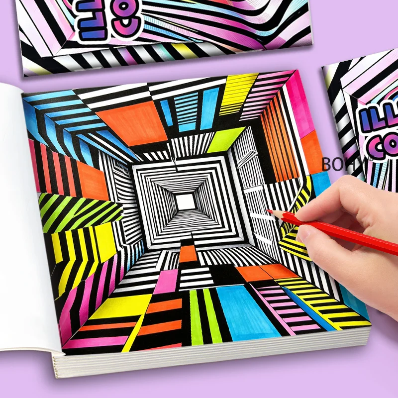1 Adult Decompression Abstract Coloring Album 3D Illusion Themed Coloring Patterns 24 Pages Casual Graffiti for Home and Leisure