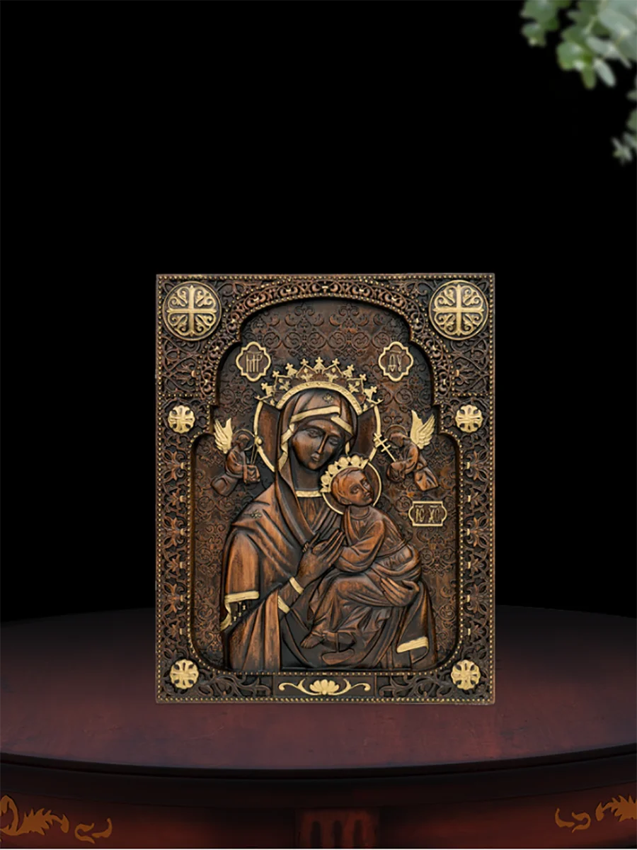 Hand-Painted Virgin Mary and Child Wooden Icon - Catholic Wall Art Decor, Byzantine Religious Hanging Plaque, Christian Home Alt