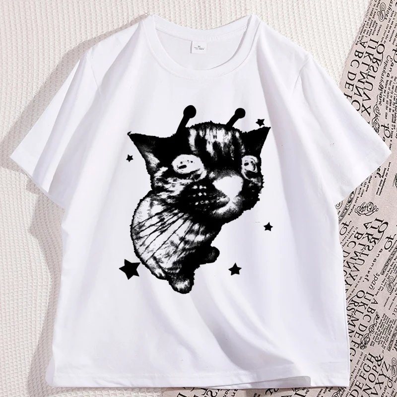Y2K Alien Cat T-shirts Meme Retro Silly Cat Tshirt Vintage Kitty Funny T-Shirt Men Women Graphic Tees Streetwear Clothes