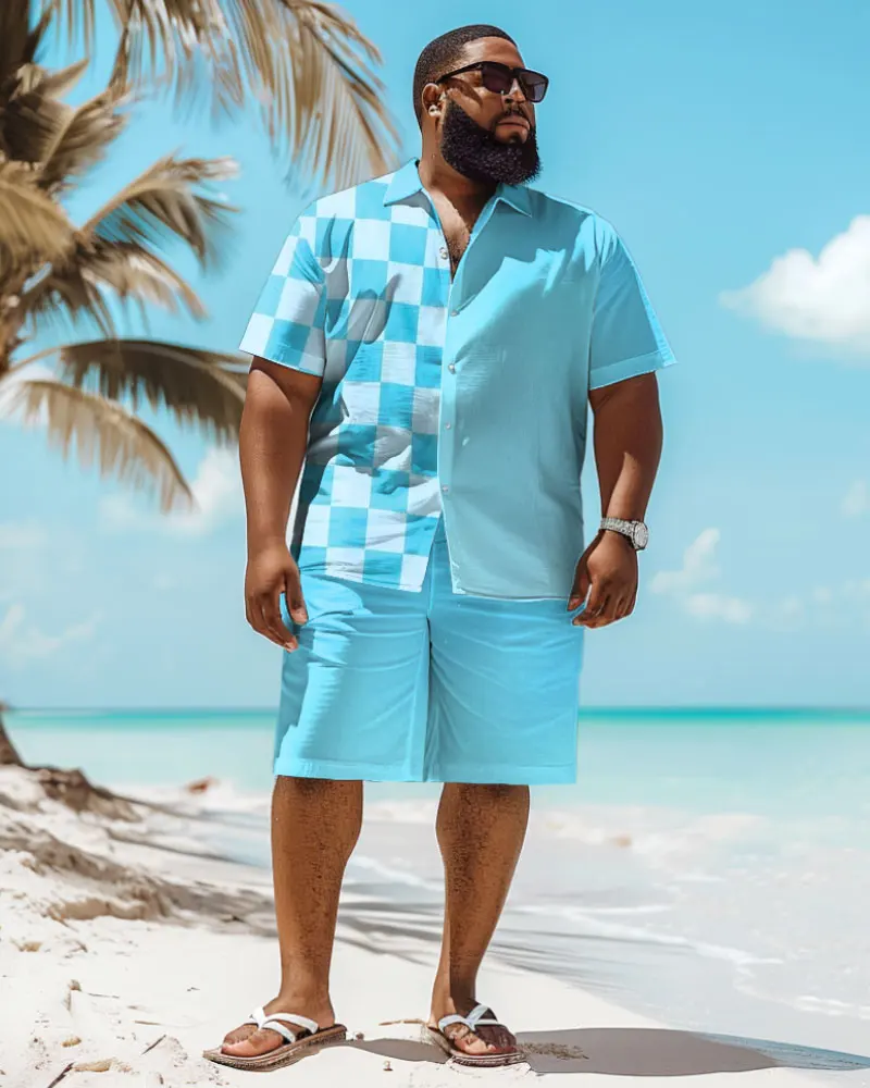 Biggmans Shirt Plus Size Set L-9Xl for Summer Beach Clothing Oversize Hawaii Suit Hawaiian Colorful Block Print Shorts 7XL 8XL