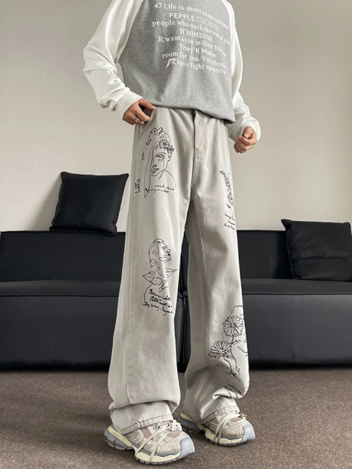 

Мужские винтажные джинсы с ручной росписью в стиле фити-вейд, американские уличные брюки в стиле хип-хоп с широкими штанинами, прямые брюки с высокой талией