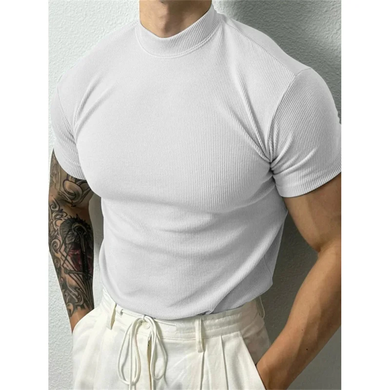NEW spring summer Elastic Comfortable Men\'s T-shirt Small high collar stripe shirt short sleeve fitness top sport casual T-shirt