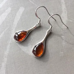 100% Real Amber Earrings for Women Party Birthday New Year Party Gift Real S925 Silver Teardrop New Natural Beads Girls Jewelry