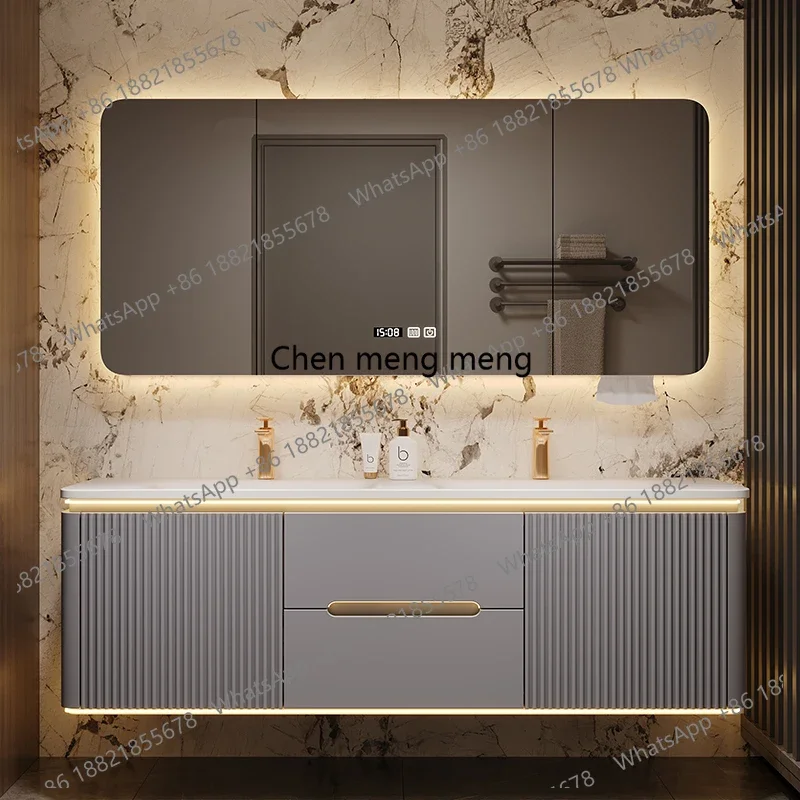 F150 Modern simple light luxury rock slab hot bending integrated double basin solid wood hand wash face, bathroom cabinet