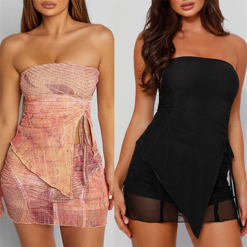

Y2K Two Piece Outfit for Women Sexy Vintage Printed Strapless Tube Top Mesh Bodycon Mini Skirt Set Aesthetic Grunge Streetwear