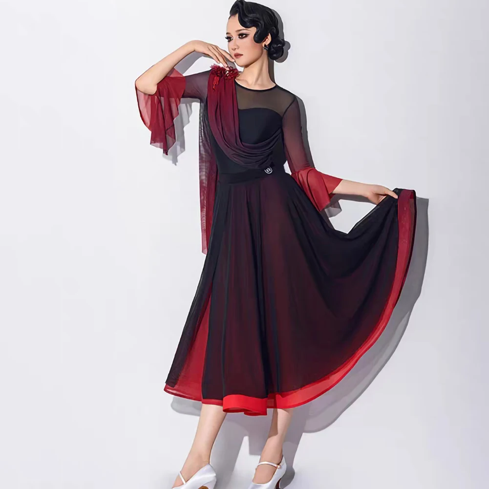 Valse – costume de compétition de danse moderne irrégulière, manches en corne, col rond, haut joint, jupe en arête de poisson dégradée, danse de salle de bal, nouvelle collection