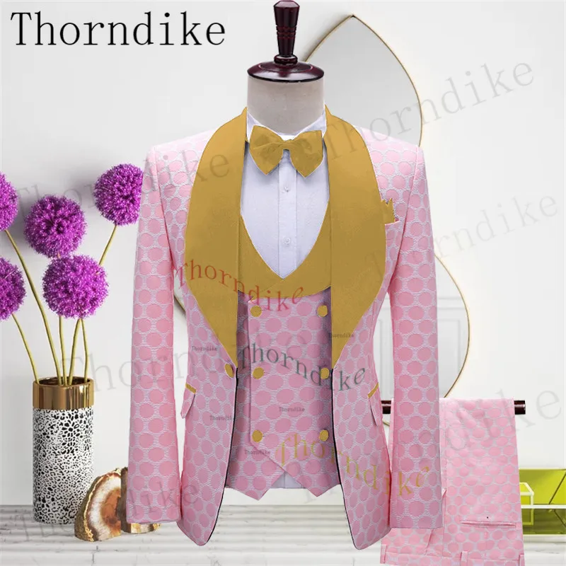 

Thorndike Custom Made Classic Fashion Pink Dots Groom Tuxedos Groomsmen Champange Shawl Lapel Best Man Suit Wedding Men's Blazer