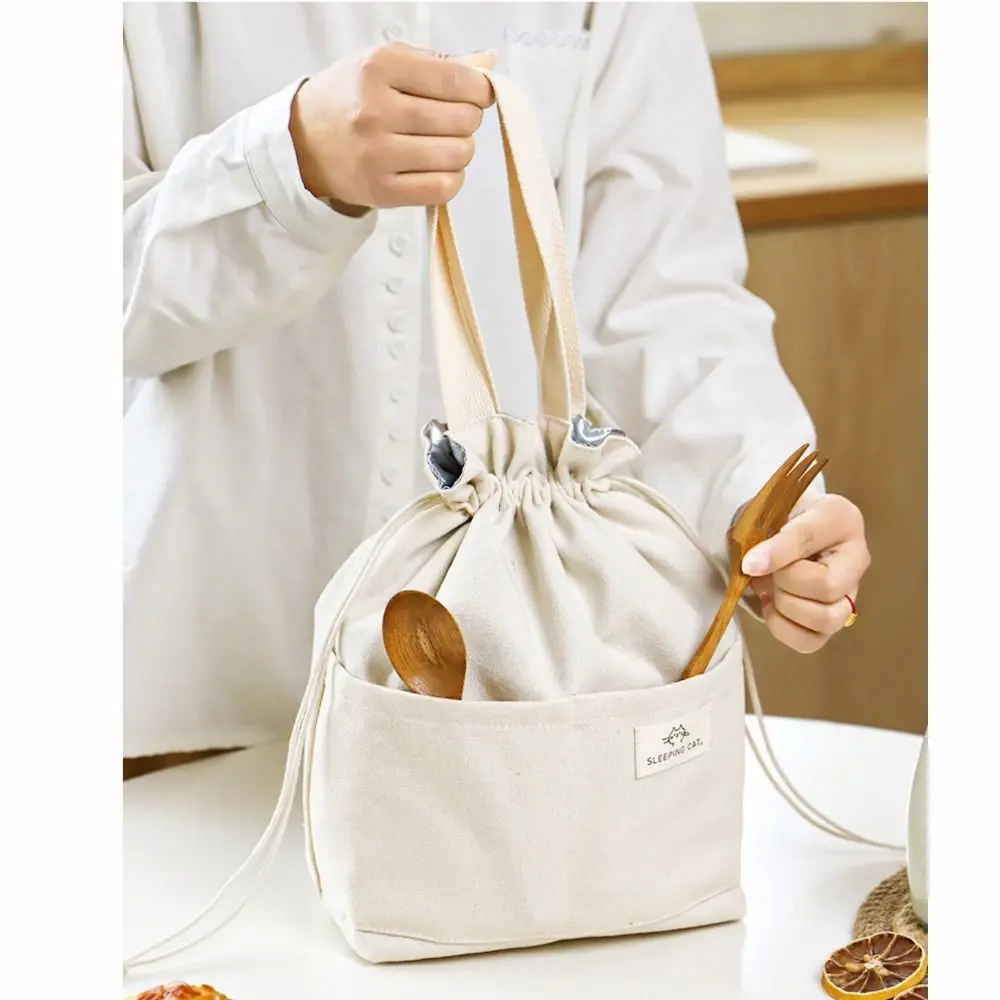 Drawstring Canvas Insulated Lunch Bag Thicken Aluminium Foil Thermal Box Tote Cooler Handbags Picnic Food Dinner Container