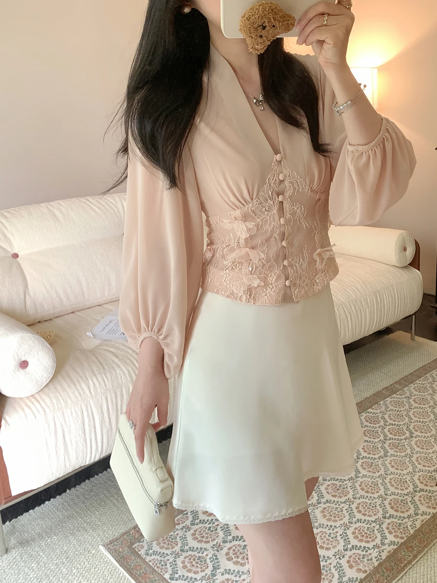 

Juicecola Ele Lace Splice 3D Flower Top Women's Faion Sensation Versatile Little irt Sexy Sle Long Sve V-Ne Da...