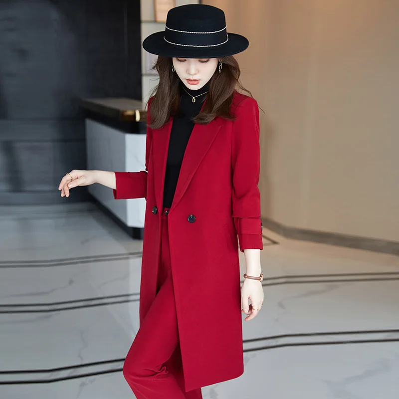 2022 Winter High-end Women\'s Business Suit Pants Two-piece Set Temperament Slim Solid Color Lady Double Breasted Trench Coat