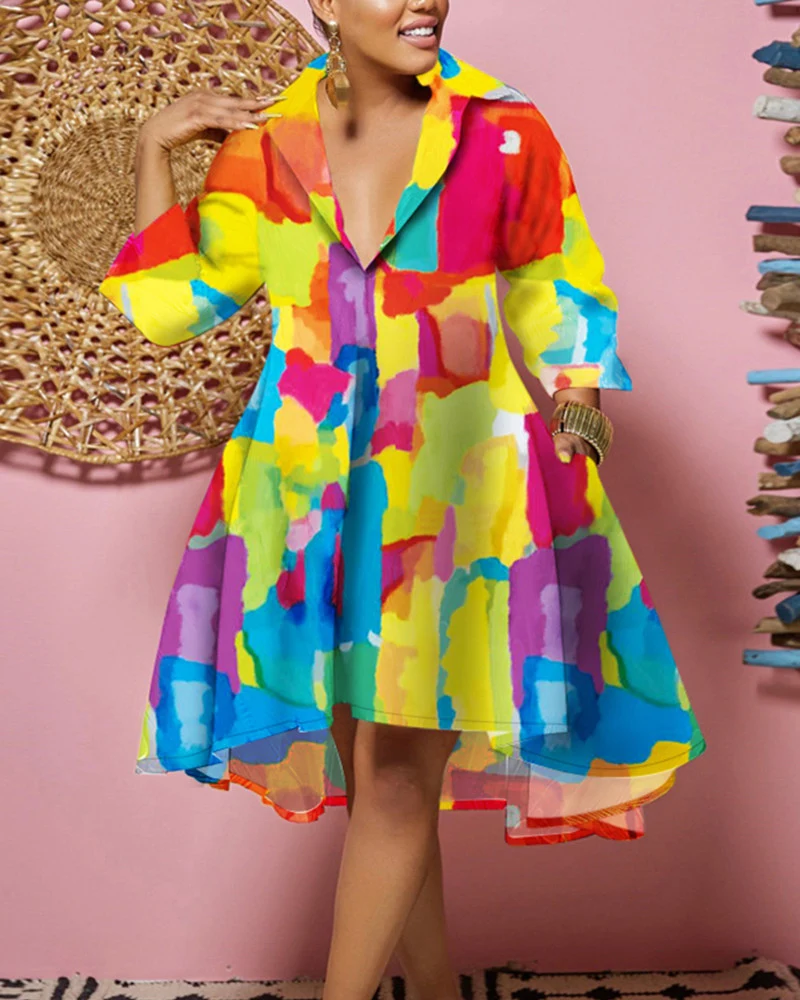 Plus Size colori di fusione All-over Print Flowy Shirt Dress