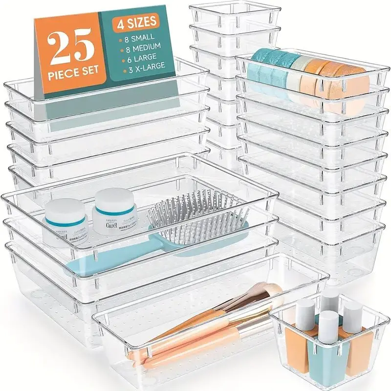 

25Pcs Transparent Box Storage Organizer Set Clear Desk Dividers Bin Sundries Organizer Desk Storage Box for Makeup Jewelries