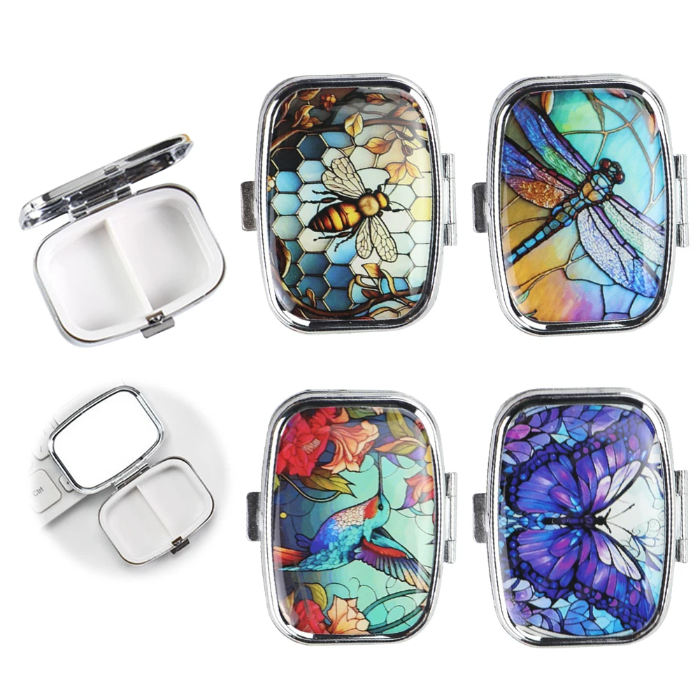 صندوق حبوب صغير وحامل أدوية مزخرف مكون من حجرتين منظم حبوب معدنية للفيتامينات ومكملات زيت السمك وحاوية حبوب منع الحمل #1