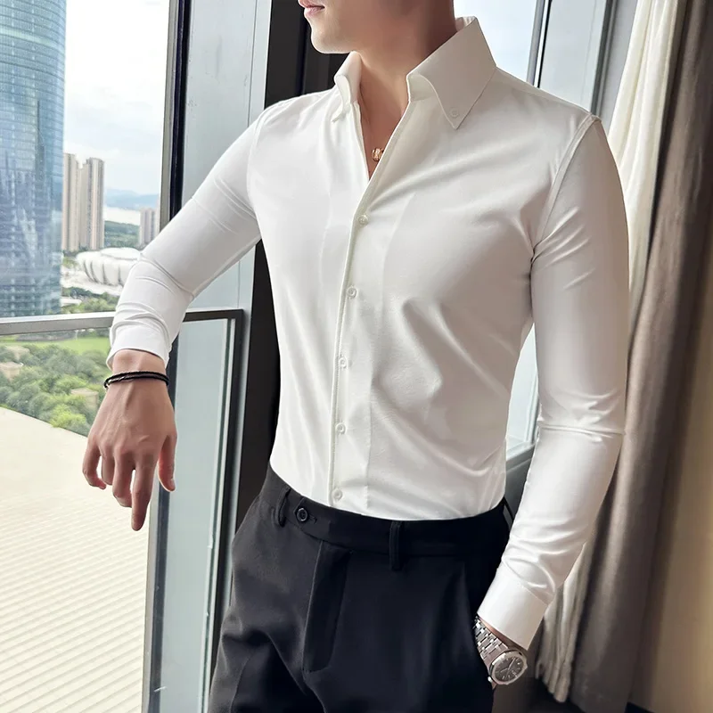 Men Dress Shirt 2024 Autumn Long Sleeve Camisas Business Fashion Shirt Male Solid British Style White Black Shirt Men Clothing