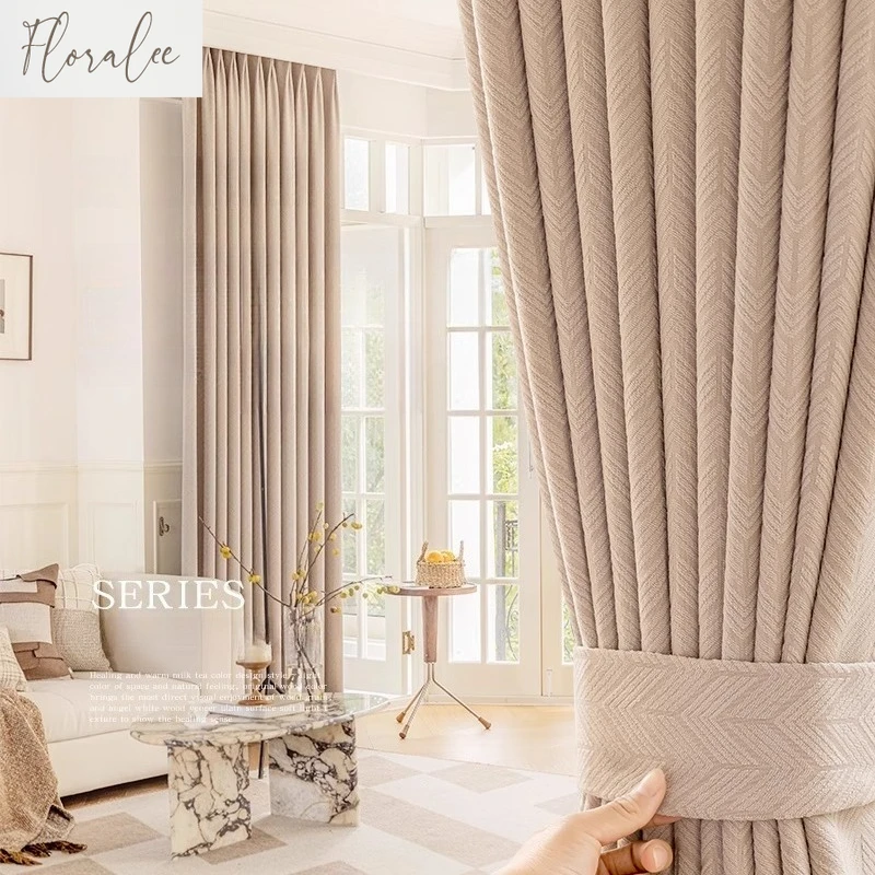 Herringbone Chenille Thickened High Blackout Curtains for Living Room Dining Room Bedroom Solid Color Luxury Curtains Custom