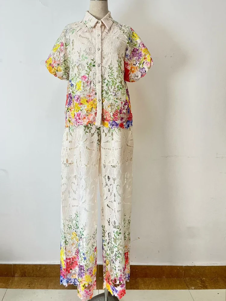 

Retro embroidery hollow lapel short-sleeved shirt summer new two-piece pants high waist casual pants fashion women's suit
