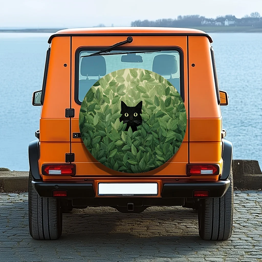 Black Cat Among Green Leaves Spare Tire Cover 100% Polyester for SUV Trailer Camping