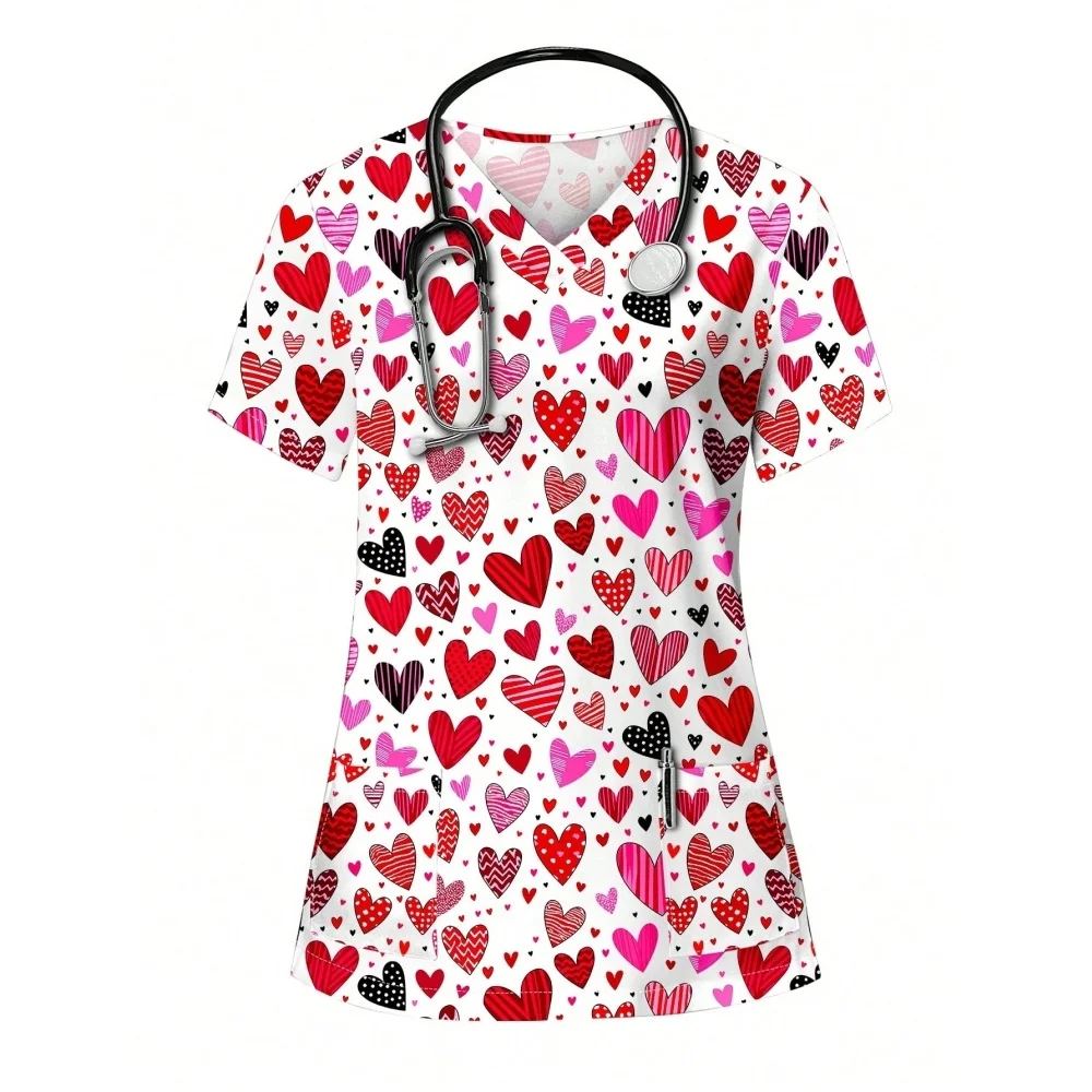 Heart Print V-Neck Stretchy Medical Uniform for Women Casual Short Sleeve Patched Pockets Tops Scrubs Medical Uniforms Woman