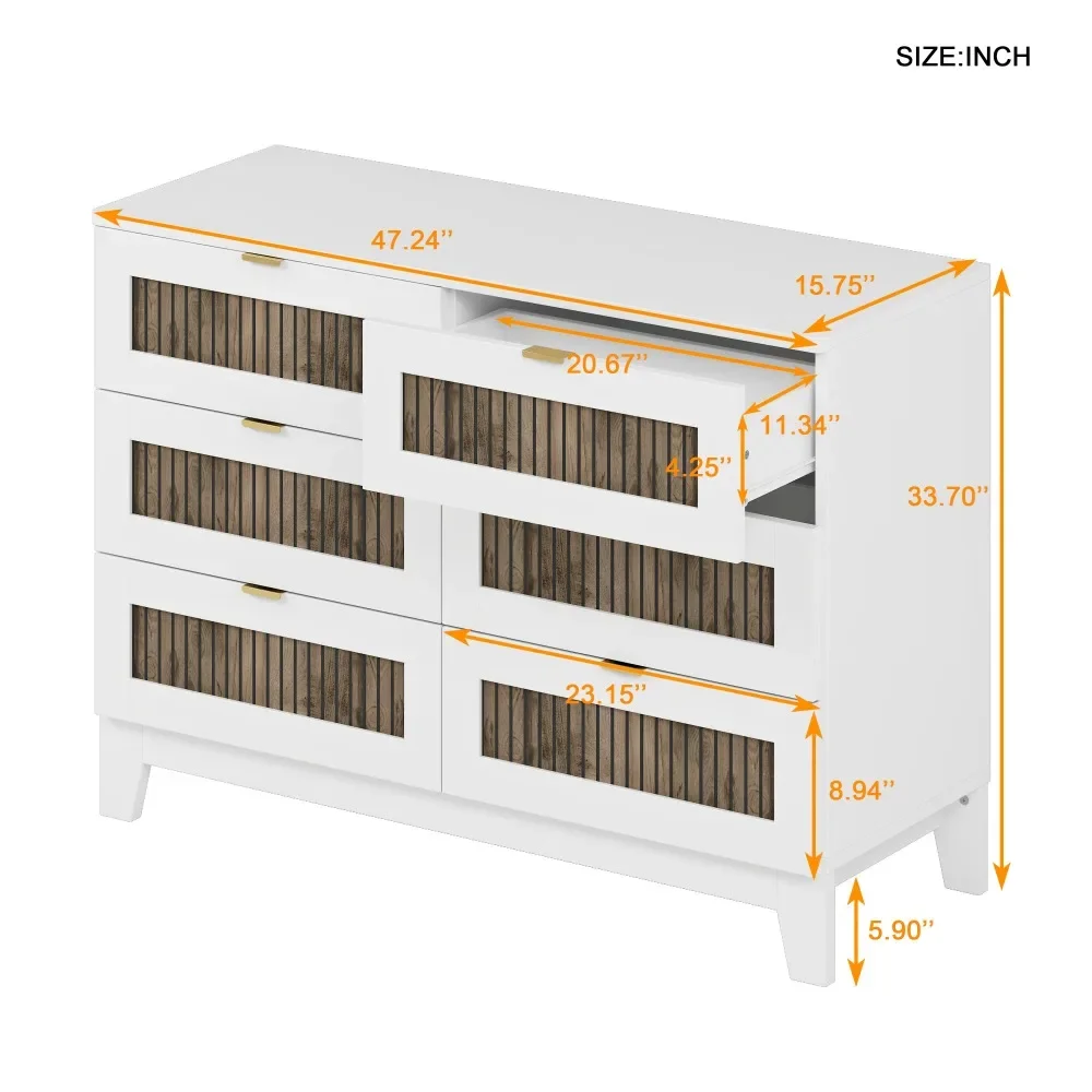 Cômoda rústica de madeira estilo fazenda com 6 gavetas, armário de armazenamento para quarto com alças de metal