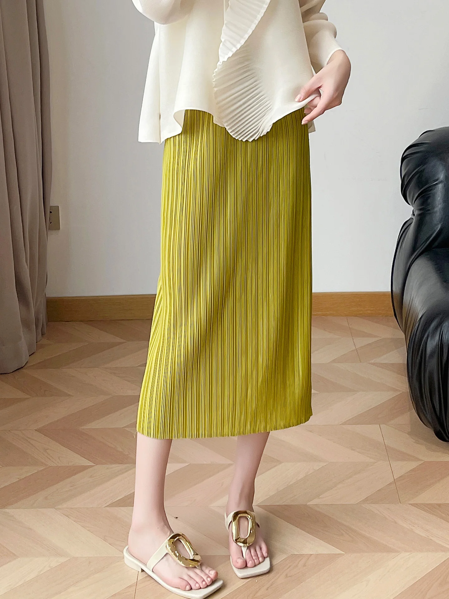 

High Waist A-Line Midi Skirt Women's Pleated Slimming Drapey Three-Residence Style Polyester Fiber High Elasticity Straight Cut