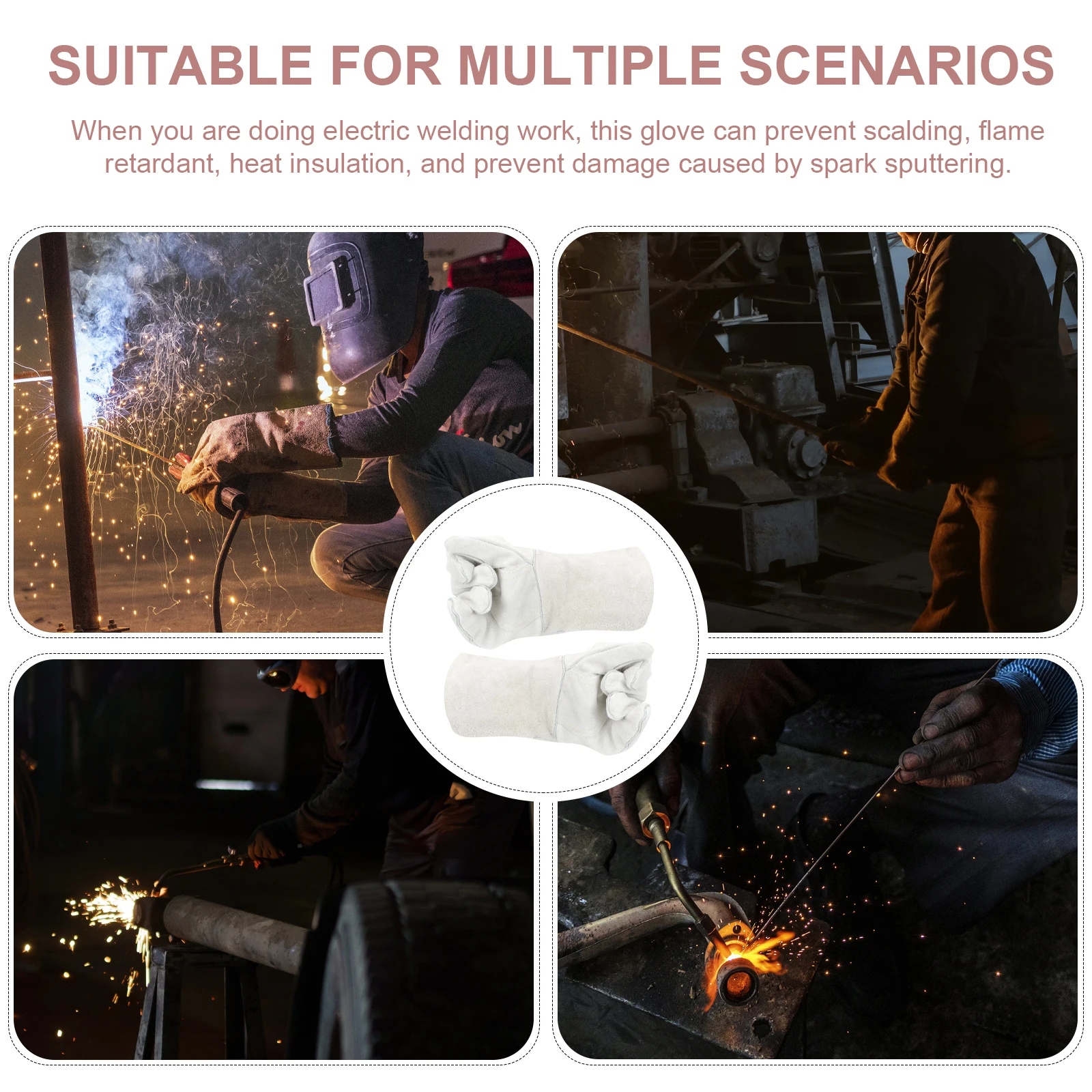 

Welding Gloves Heat Resistant Cowhide Light Grey Protective Gloves Anti Wear Tear Puncture Sturdy Durable Oven BBQ Cooking