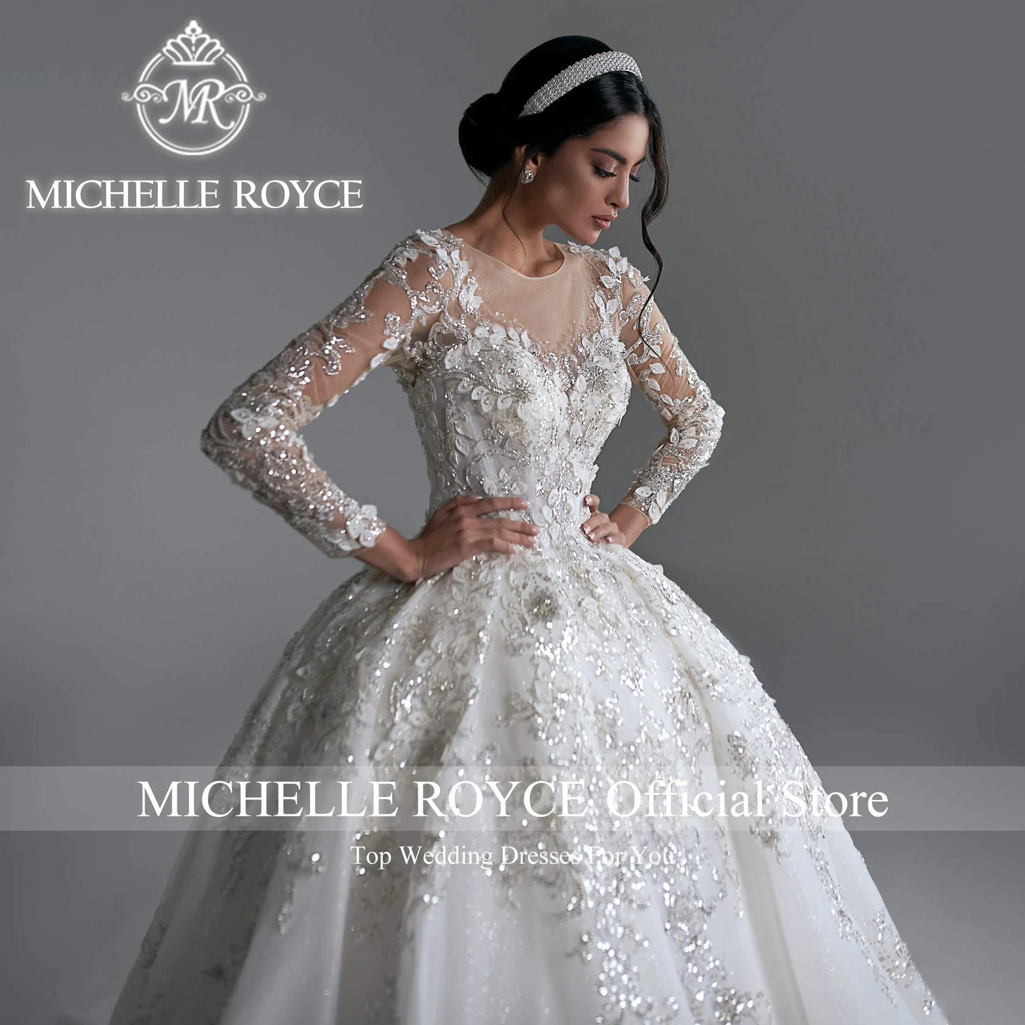 Michelle Royce Luxe baljurk met lange mouwen, trouwjurk, liefje, borduurwerk, glitterkant, trouwjurk, vestidos de novia