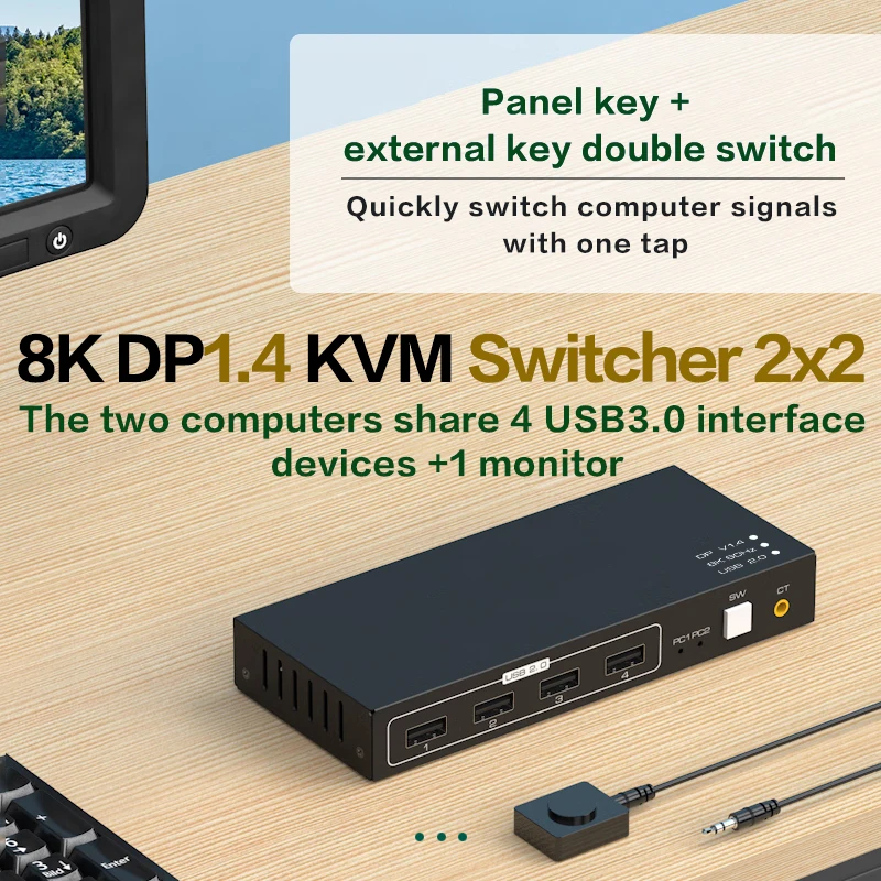 

kvm switch dp 1080P Dual-port 8K Displayport Switcher USB 3 0 extension hub KVM DP Switching 4KX2K/120Hz for 2 Computers Monitor