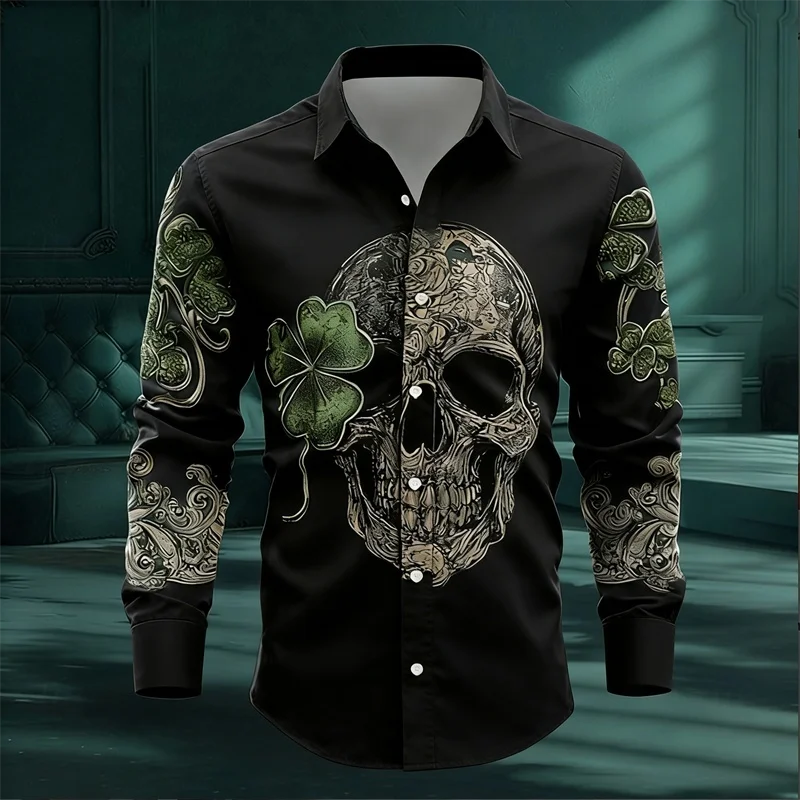 Skeleton pattern men's long sleeved shirt, casual and comfortable, fashionable and trendy, street outdoor, soft fabric