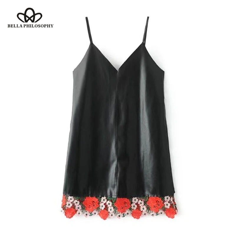 Bella Philosophy 2018 女性秋冬新作フェイクレザー PU キャミドレス刺繍花
