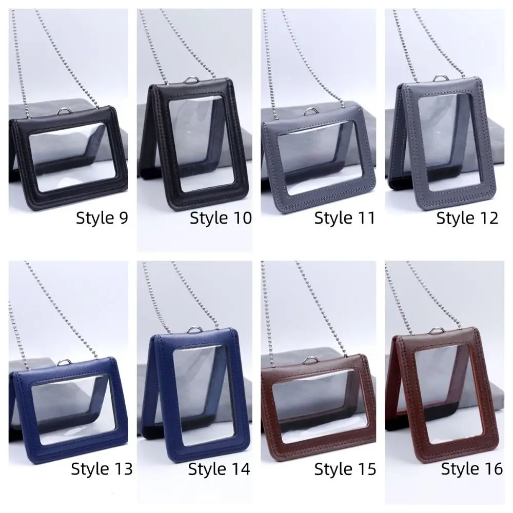 Double-Sided Leather Card Cover With Neck Strap Badge Clip ID Card Holder Card Case Folding Leather Badge Holder Work Bank Card
