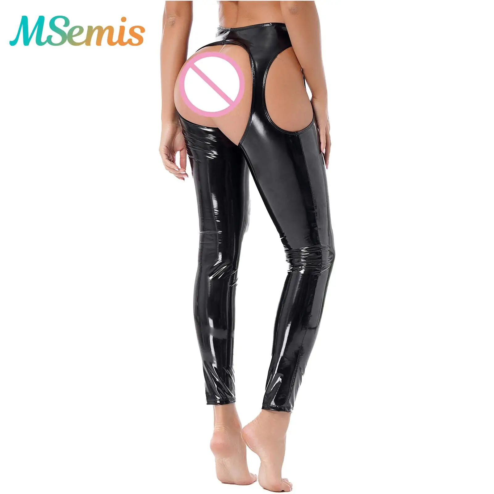 

Womens Lingerie Skinny High Waist Cutout Leggings Crotchless Open Butt Patent Leather Pants Wet Look Rave Party Clubwear