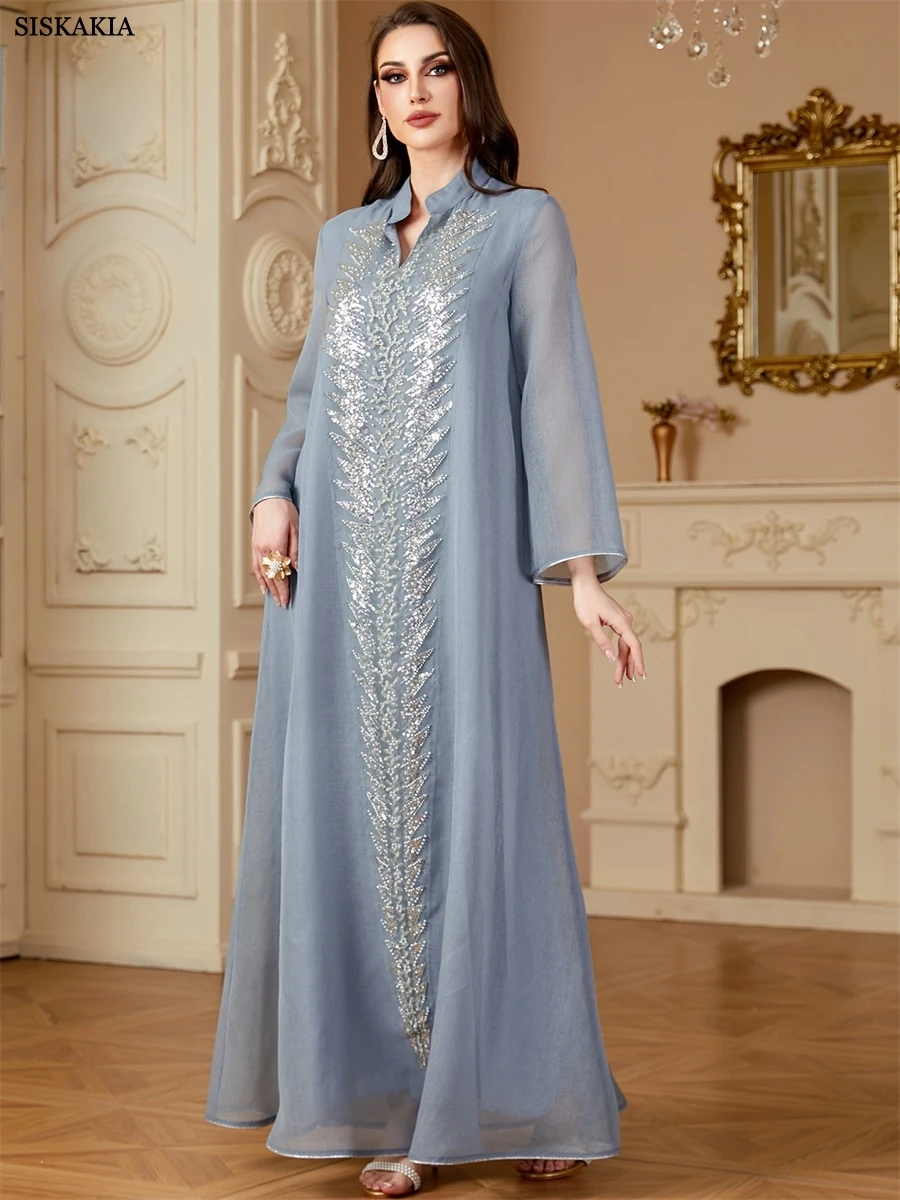 Siskakia Damen Jalabiya Ramadan Dubai Pailletten Mesh Lange Kleider Modest Perlen Patchwork Abaya Solid Kaftan