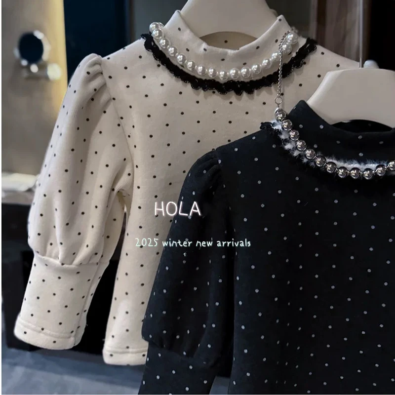 

Кружевной пуловер с полуводолазкой для девочек, детская мода, мягкие хлопковые топы с длинными рукавами, осенне-зимняя теплая футболка в горошек для девочек