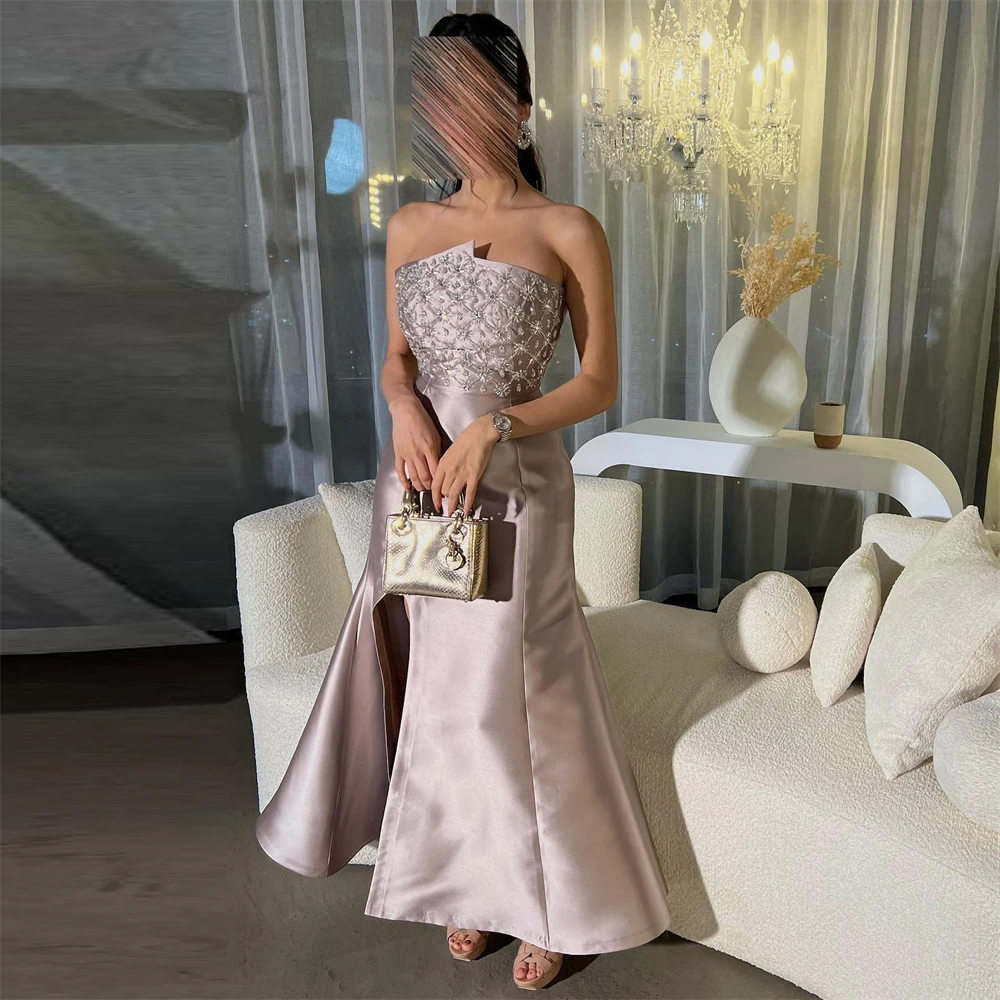 

Fashion Strapless Pink Mermaid Beading Satin Formal Occasion Prom Dresses Ankle-Length Women Evening Party Dress فساتين السهرة