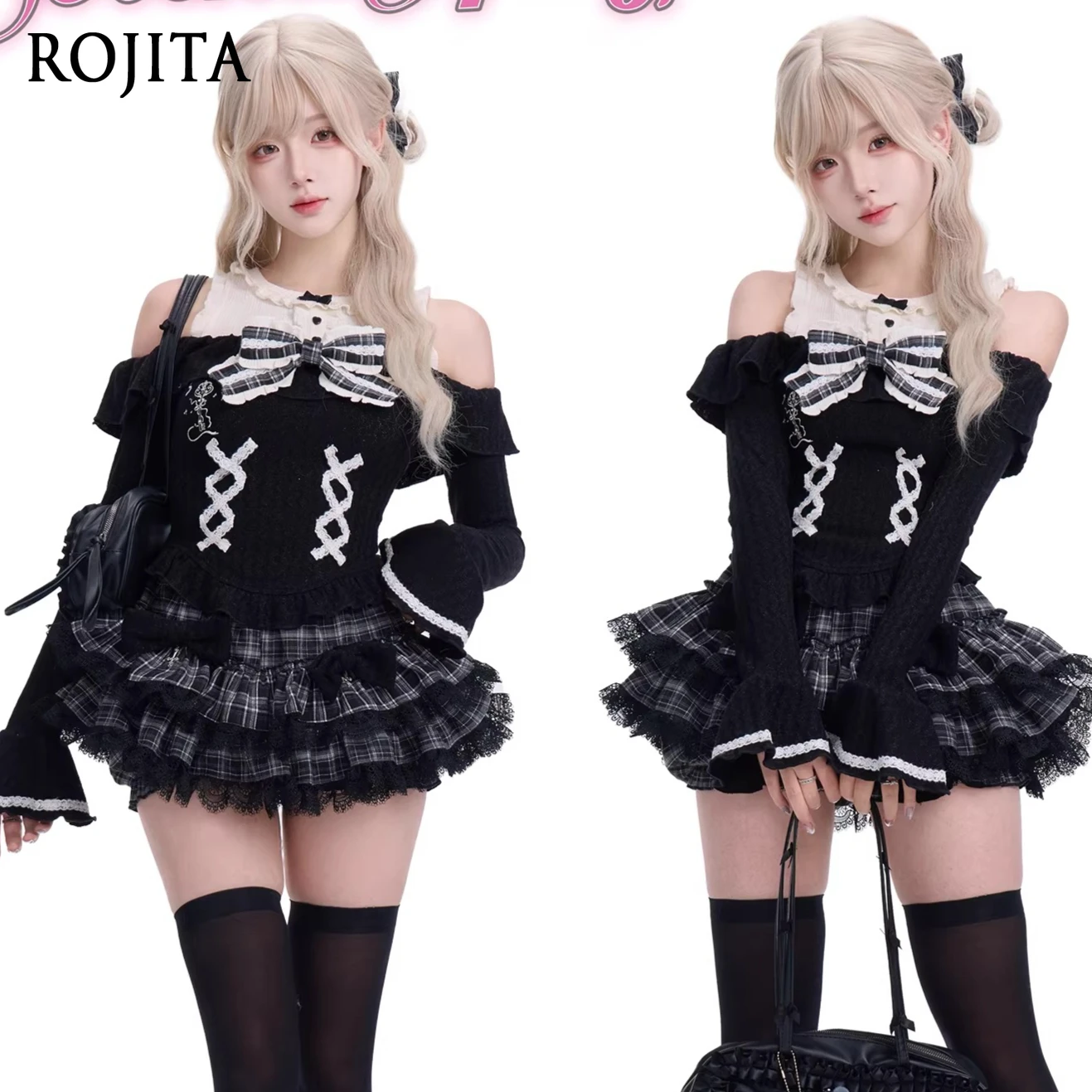 

Черный вязаный топ в готическом стиле с бантом, украшенный бантом, женский эластичный пояс, черная кружевная лоскутная клетчатая мини-юбка-тортик