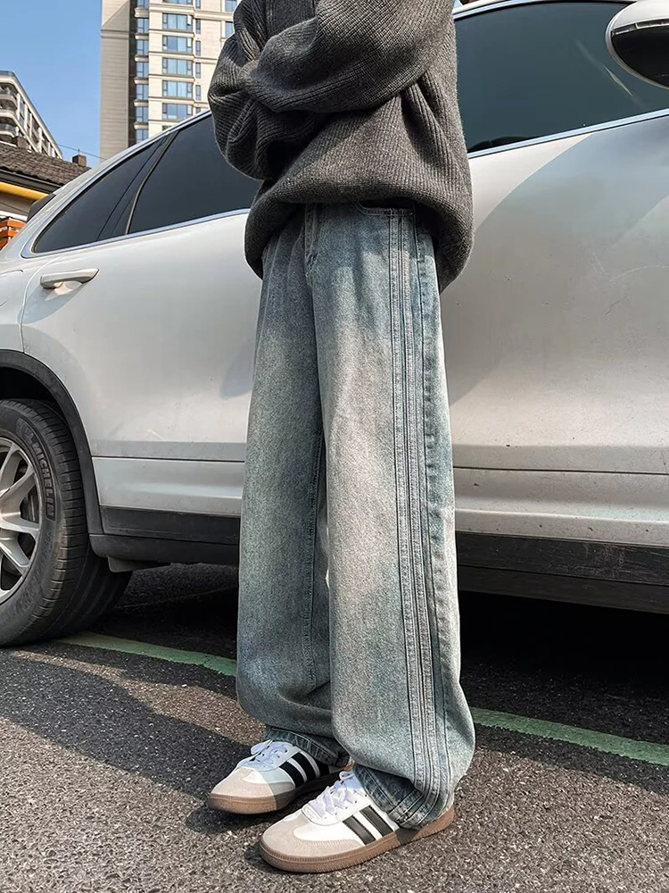 

Американские ретро-джинсы для мужчин: светлые, с пэчворком и полосками, модные, в стиле High Street, свободные, прямые, длинные брюки