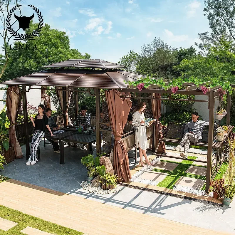 

Multifunctional gazebos pergola hardtop metal roof aluminium outdoor furniture patio gazebos and swings