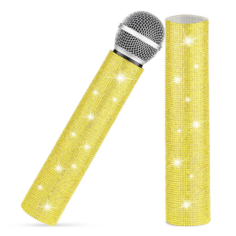 A14m 2x capa de alça de microfone, strass brilhantes, manga de alça de microfone para festa e show de tv, para a maioria dos microfones sem fio, ouro