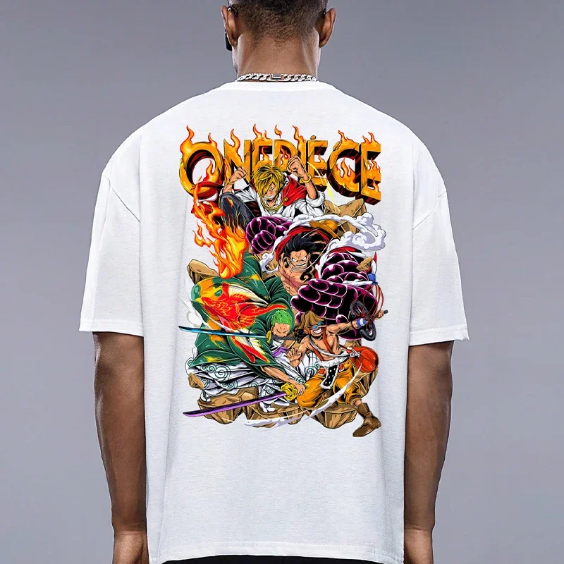 One Piece Oversized Anime Boy Luffy Print, Men's Graphic Design Crew Neck Novel T-shirt, Casual Comfy Tees Tshirts For Summer