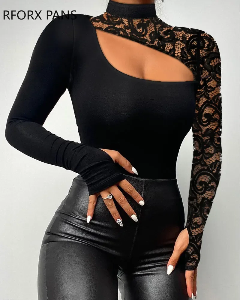 Women Solid Lace Patch Long Sleeves Hollow-out Sexy Skinny Black Blouses Tops