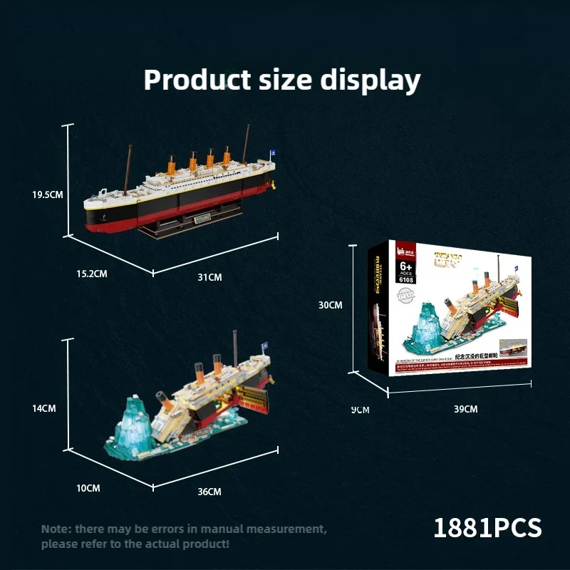 Décennie s de construction Titanic Sunshine pour enfants, modèle de croisière coulante, briques lumineuses, décoration de bureau, jouets de bricolage, cadeaux de vacances, 1881 pièces