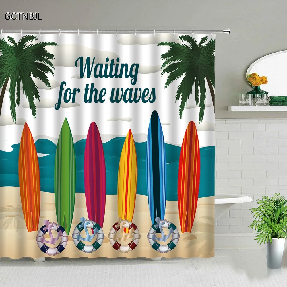 Cartoon Summer Travel Shower Curtain Camper Skateboard Ocean Coconut Landscape Polyester Fabric Home Decor Hook Bathroom curtain