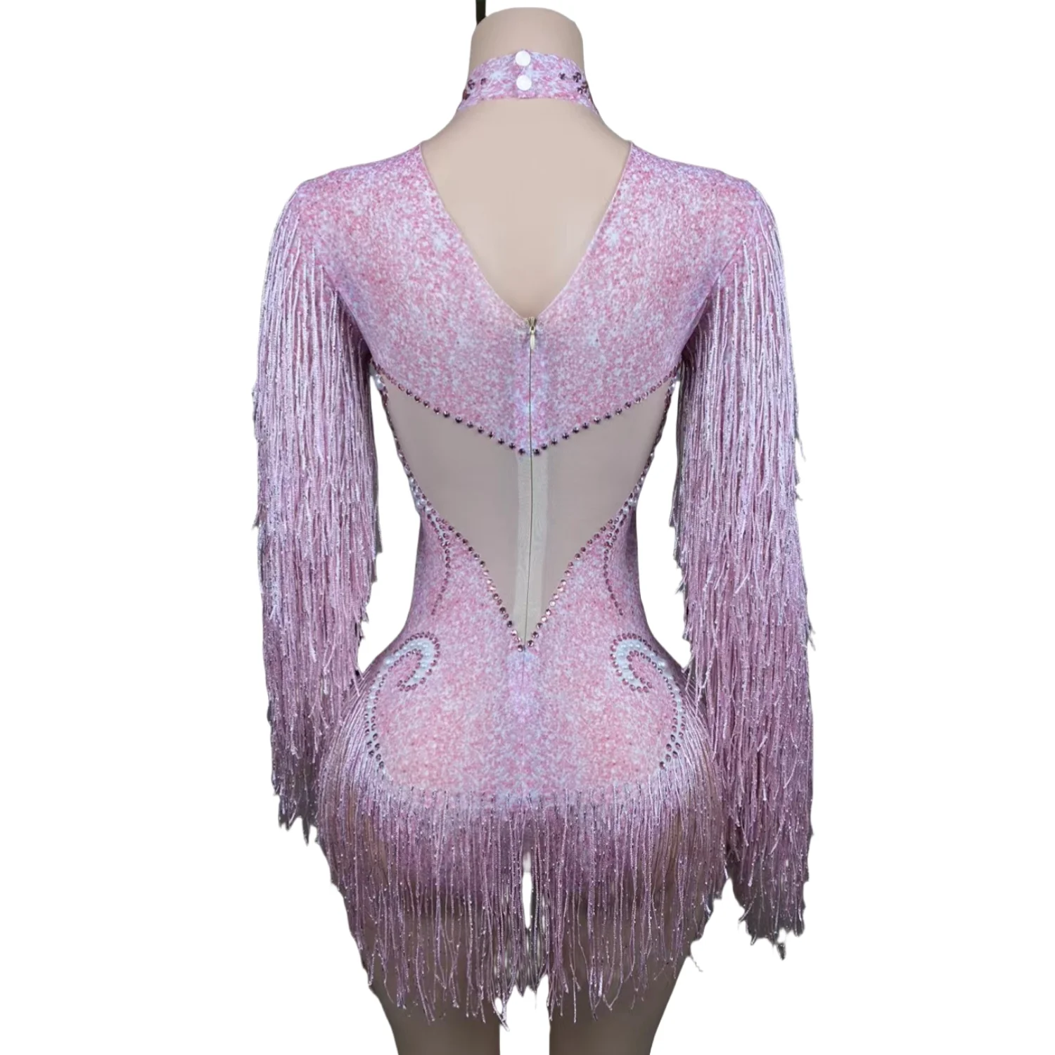 Pink Crystal Diamond Tassel Jumpsuit for Women Fashion One Piece Bodysuits Dance Stage Performance Costumes Shining Sequins Wear