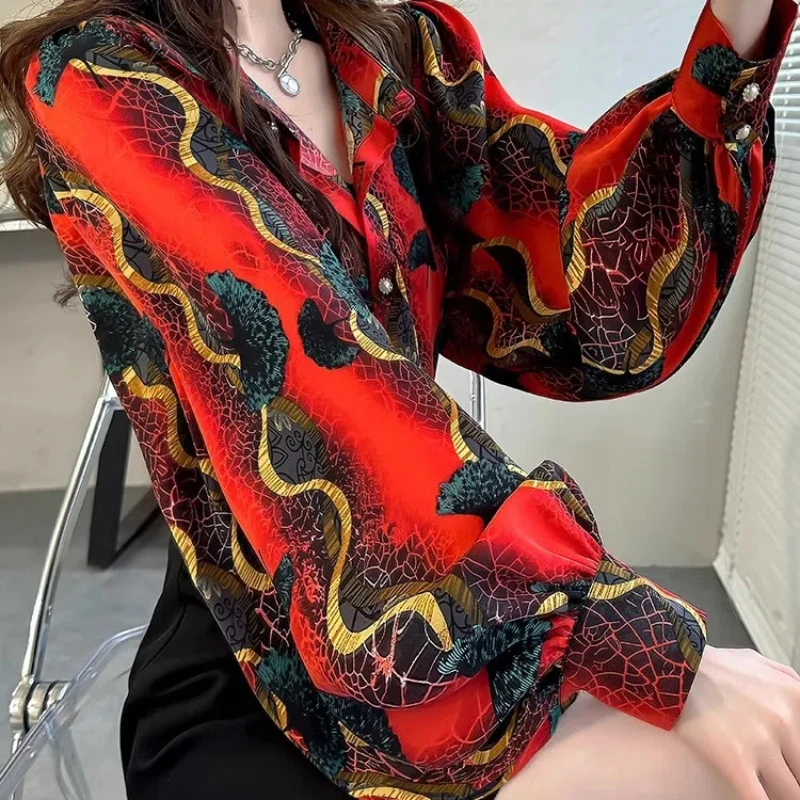 Fashion Preppy Style 2024 Spring New Blouses Women\'s Polo Collar Printed Button Ruched Loose Sweet Lantern Sleeve Chiffon Shirt