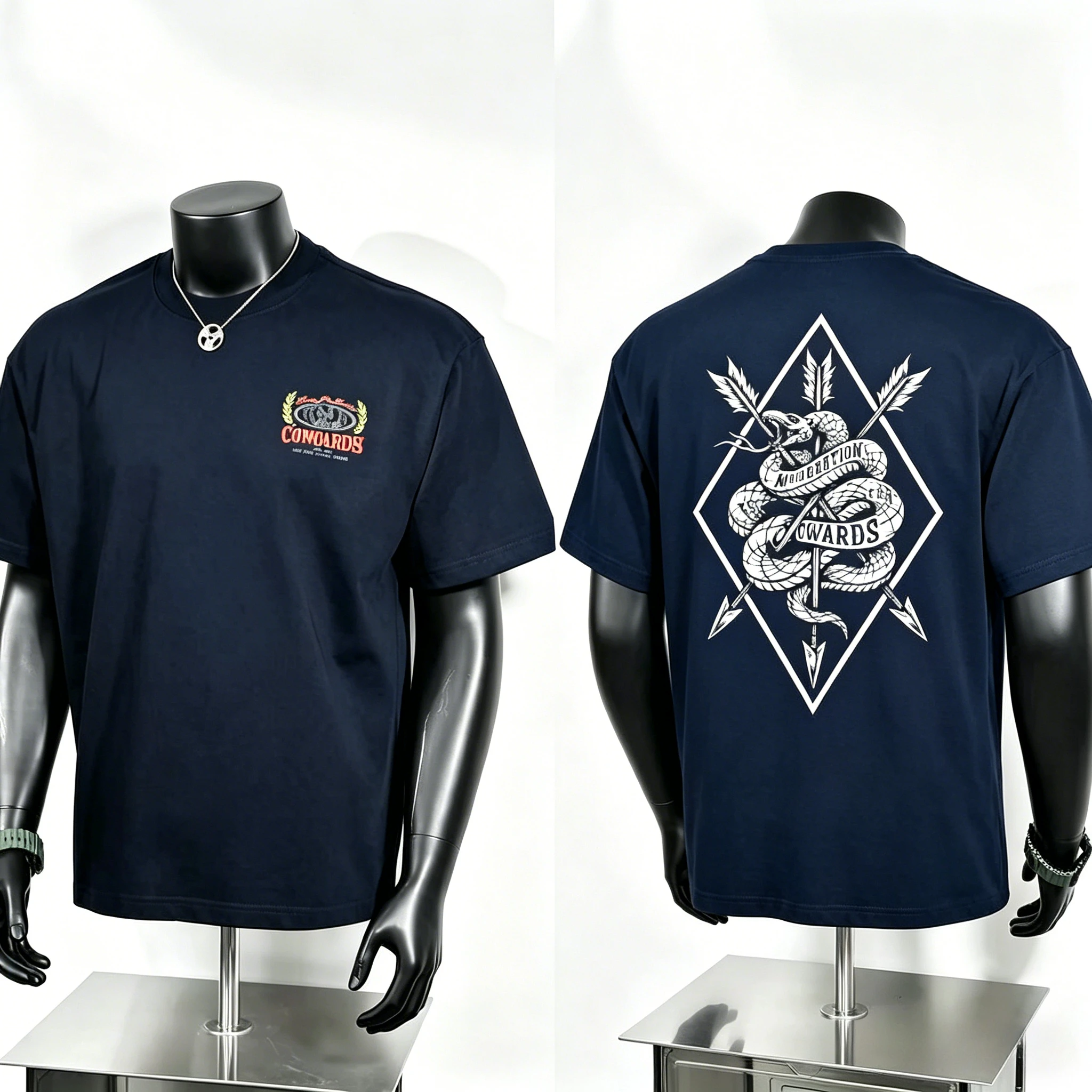 Snake Arrow Totem Print T Shirt, Tiny Laurel Decorated Cowards Badge on Chest and Oversized Diamond Frame Serpent
