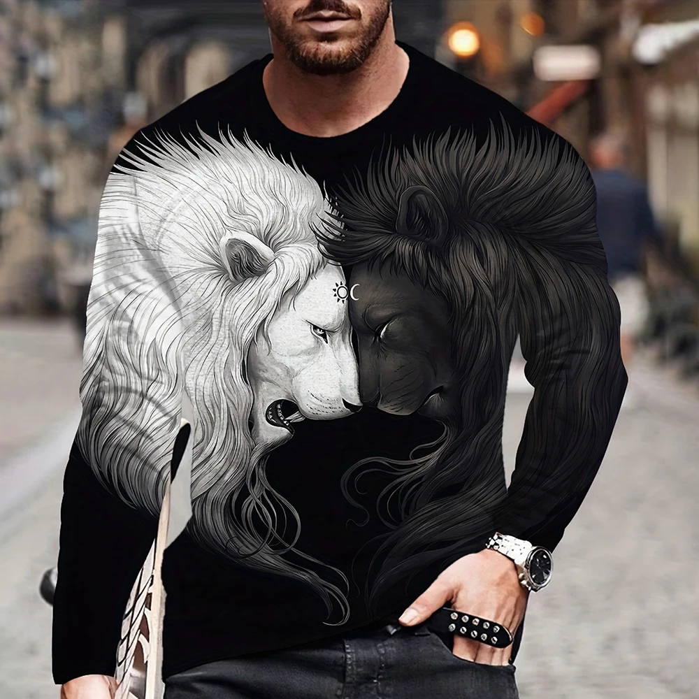 3D Animal Flaming Lion Stereoscopic Printing Autumn Men's O Neck Casual Long Sleeve Oversized T Shirt Fashion Pullover Men's