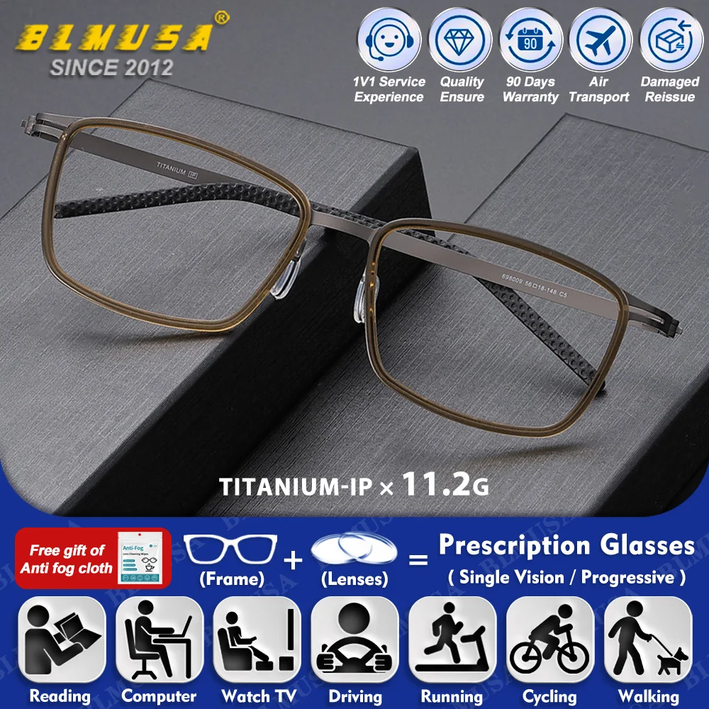 

BLMUSA (XL) Retro Men Square Ultralight Titanium Prescription Glasses Blue Light Blocking Progressive Optical Myopia Eyeglasses