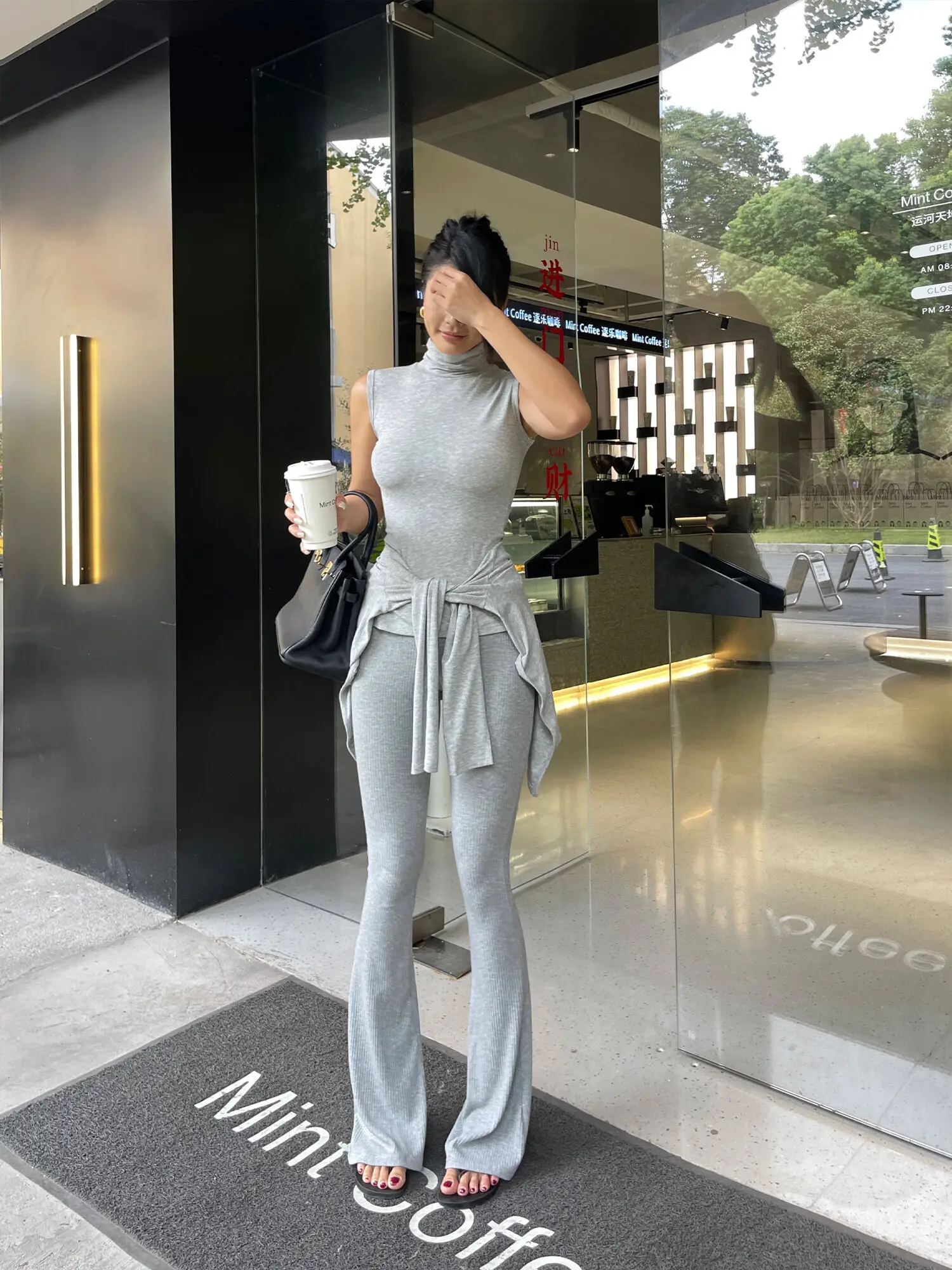 Grey Casual Set Women's Autumn New Knitted Cardigan+Slim High Neck Tank Top+Bell Bottom Pants 3-piece Set Fashion Women 8BEU